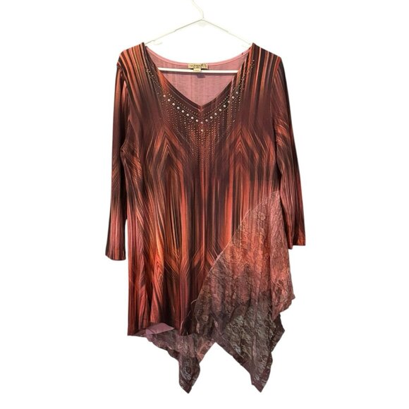 One World Live & Let Live Tunic Top Size Small Stretch Hi-Low Embellished Modern - Picture 1 of 15
